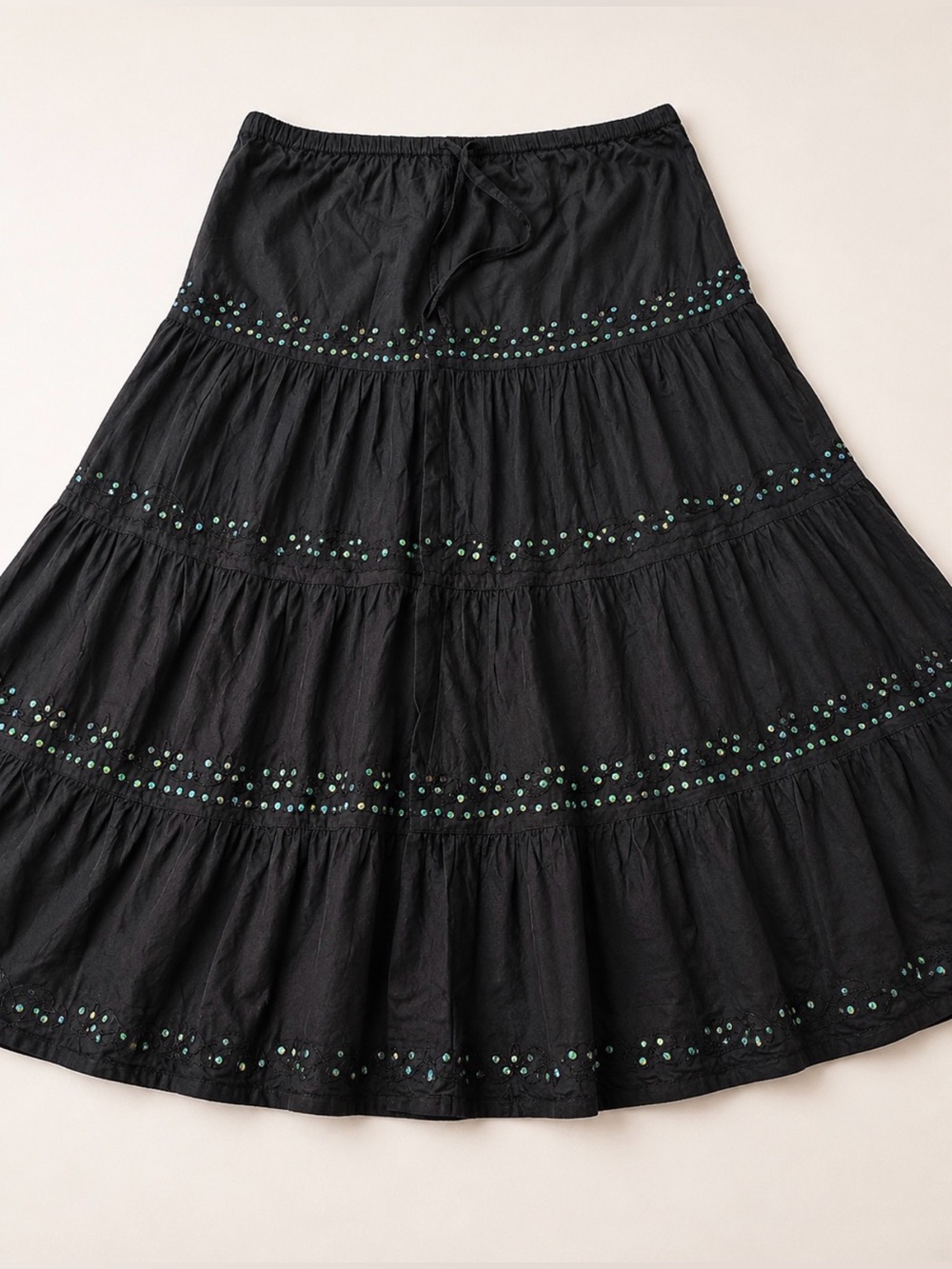 Blossom Black Tiered Cotton Maxi Skirt with Sequin Embellishment | Large